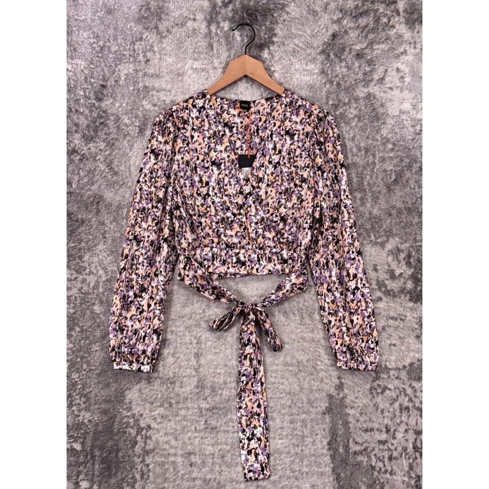New Hugo Boss Top Medium Womens Floral Balloon Sleeve Wrap Blouse